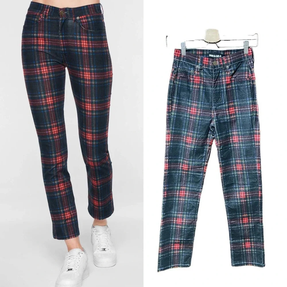 Pam & Gela Tartan Plaid Slim Crop Pant Red Multi Size 25